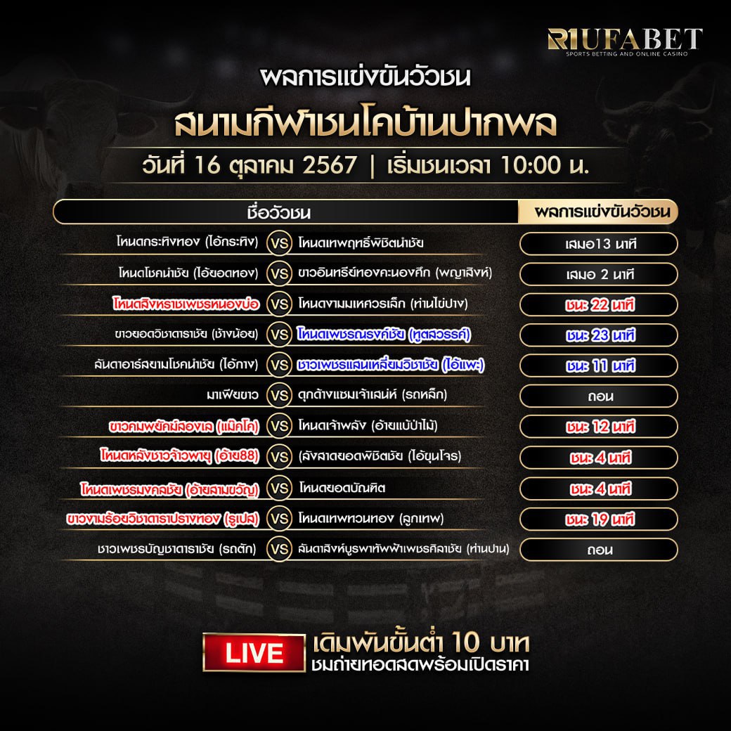 ผลแข่งขันวัวชน16-10-67